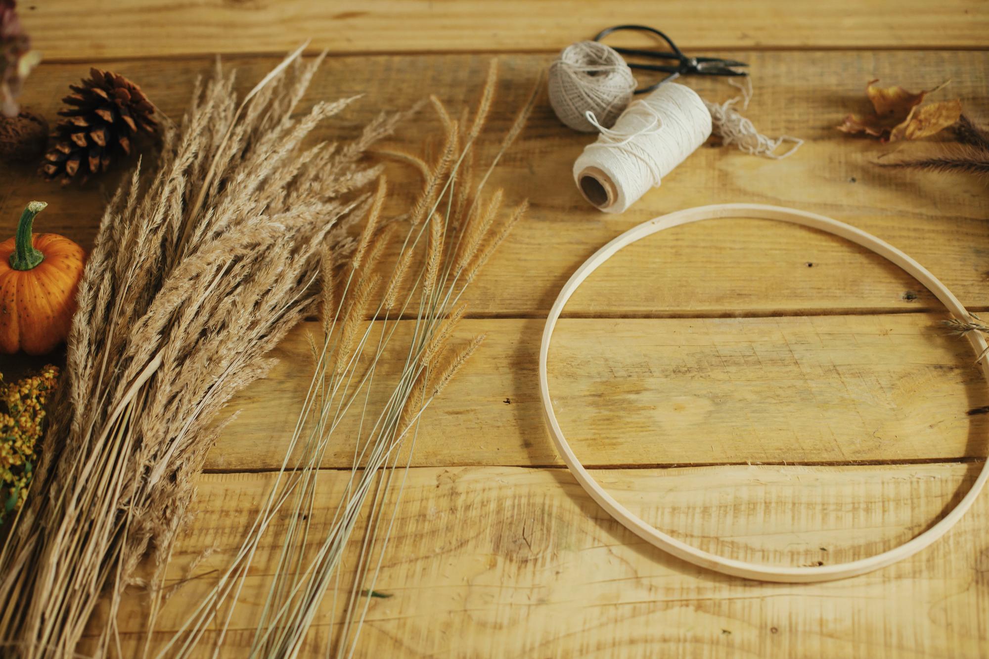 atelier table with threaded hoops and tools